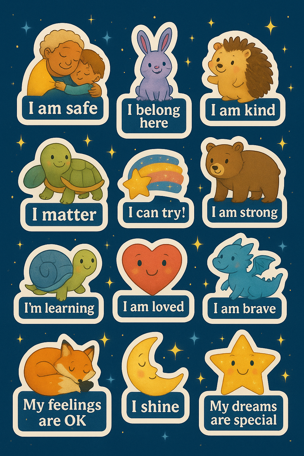 Affirmation sticker sheet with animals and positive messages like I am safe, I matter, I shine