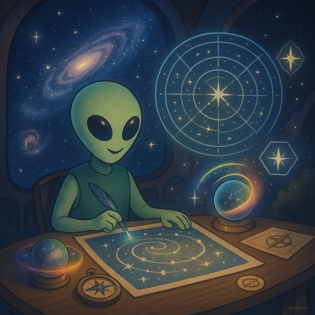 Alien drawing a star map at a desk