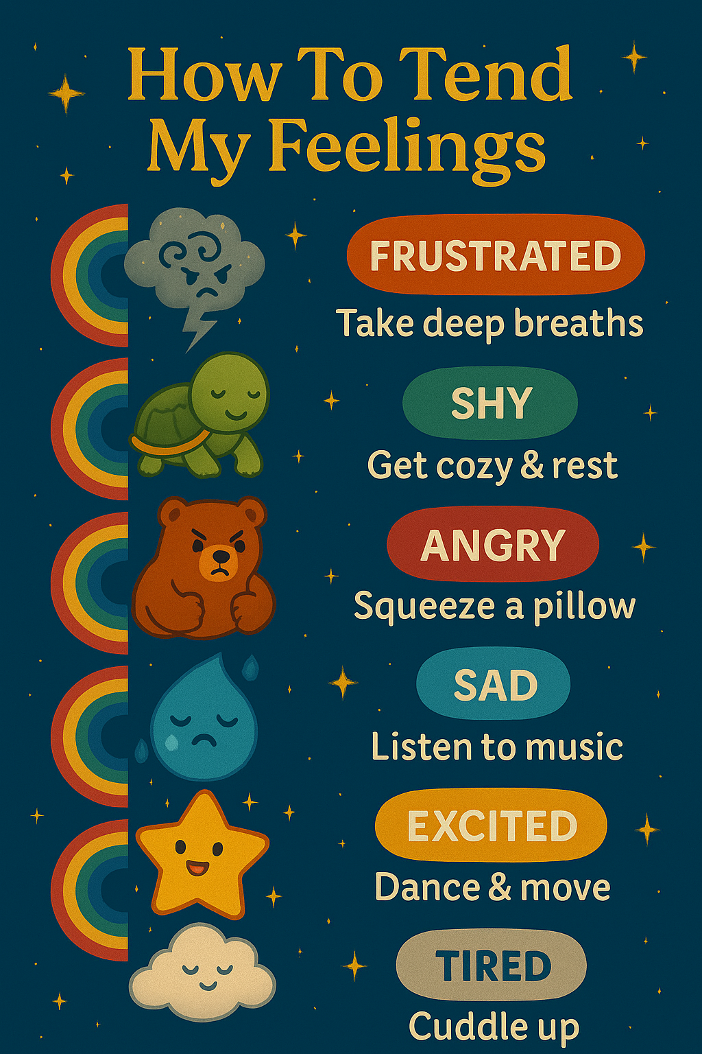 How To Tend My Feelings poster with calming strategies for each emotion