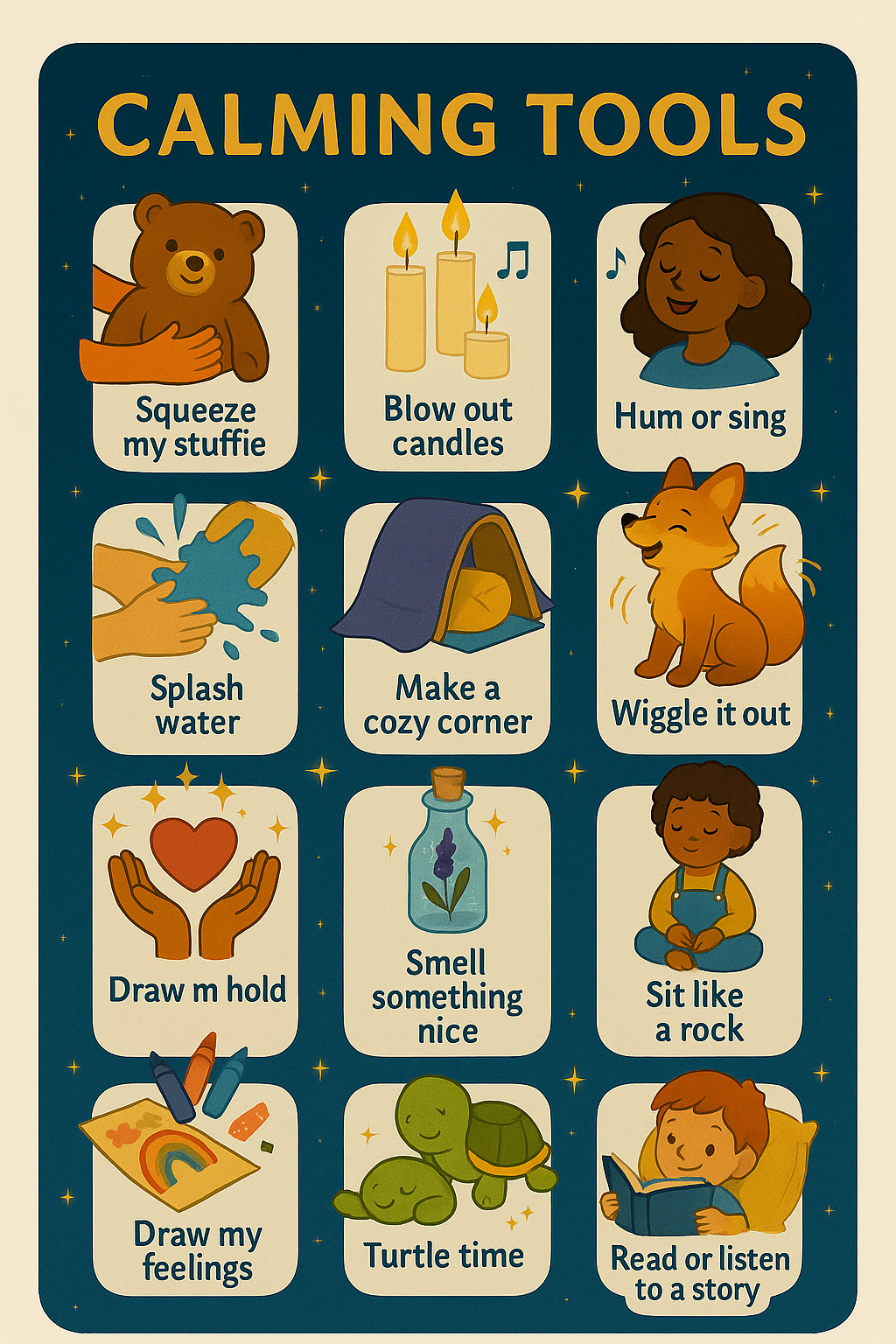 Calming Tools board with illustrated self-regulation prompts like wiggle it out, turtle time, and read or listen to a story