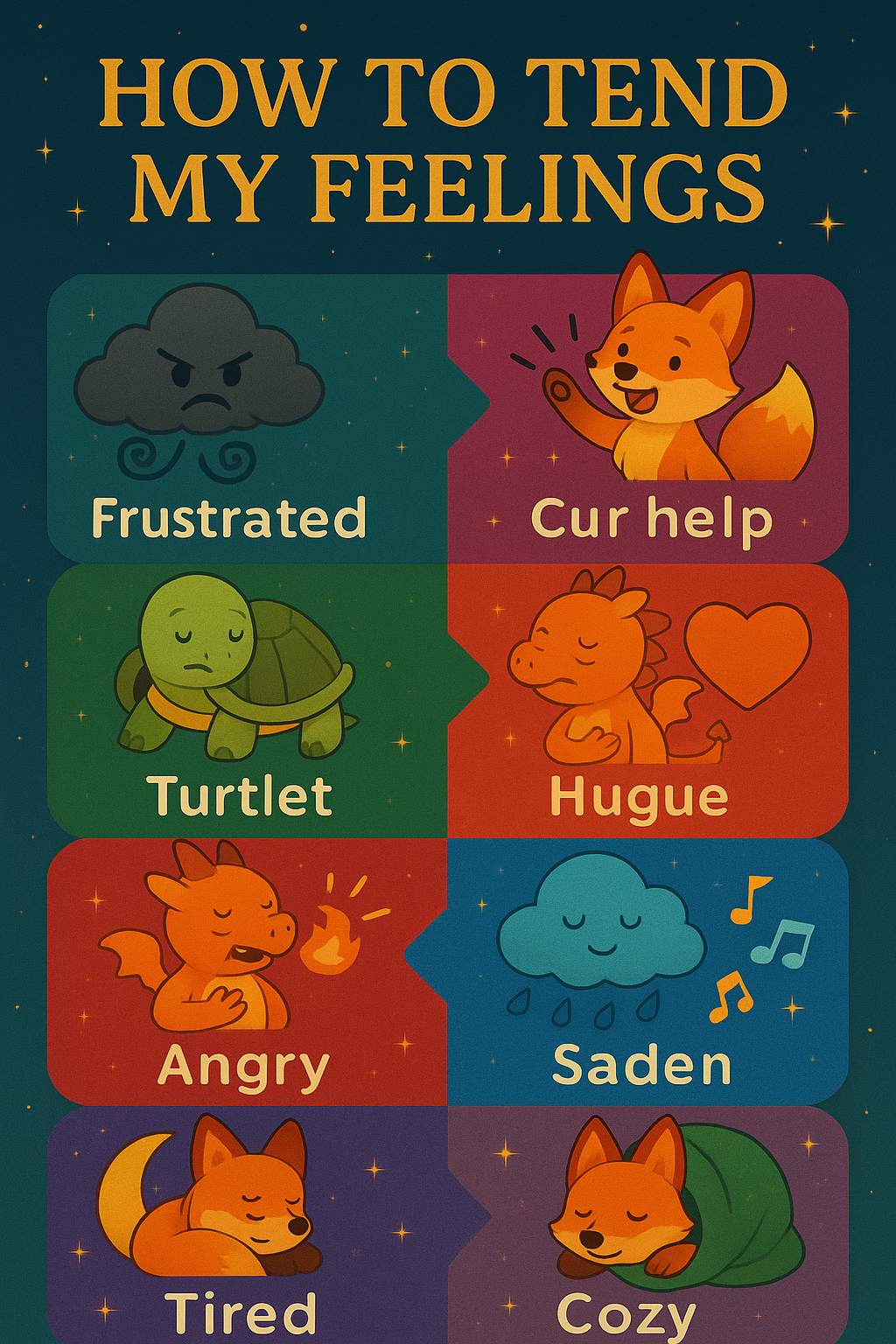 How To Tend My Feelings character cards with emotion and coping pairs