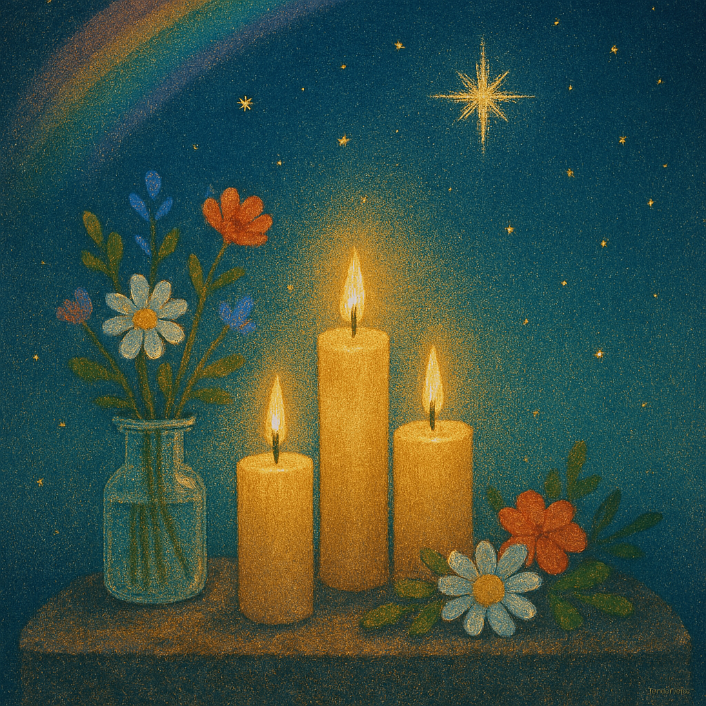 Three lit candles on a small altar with flowers and a rainbow