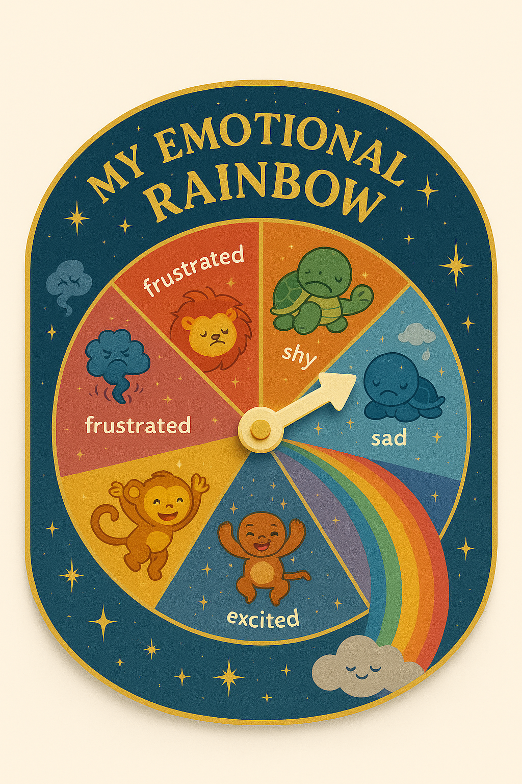 My Emotional Rainbow spinner wheel with animal characters representing different emotions