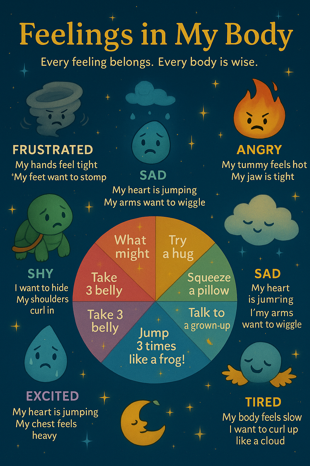 Feelings in My Body poster showing where emotions live in the body with a coping wheel