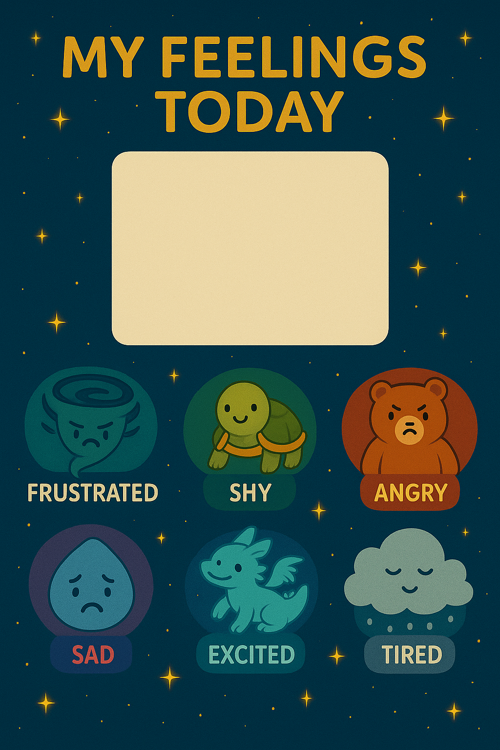 My Feelings Today poster with six emotion characters on a starry navy background