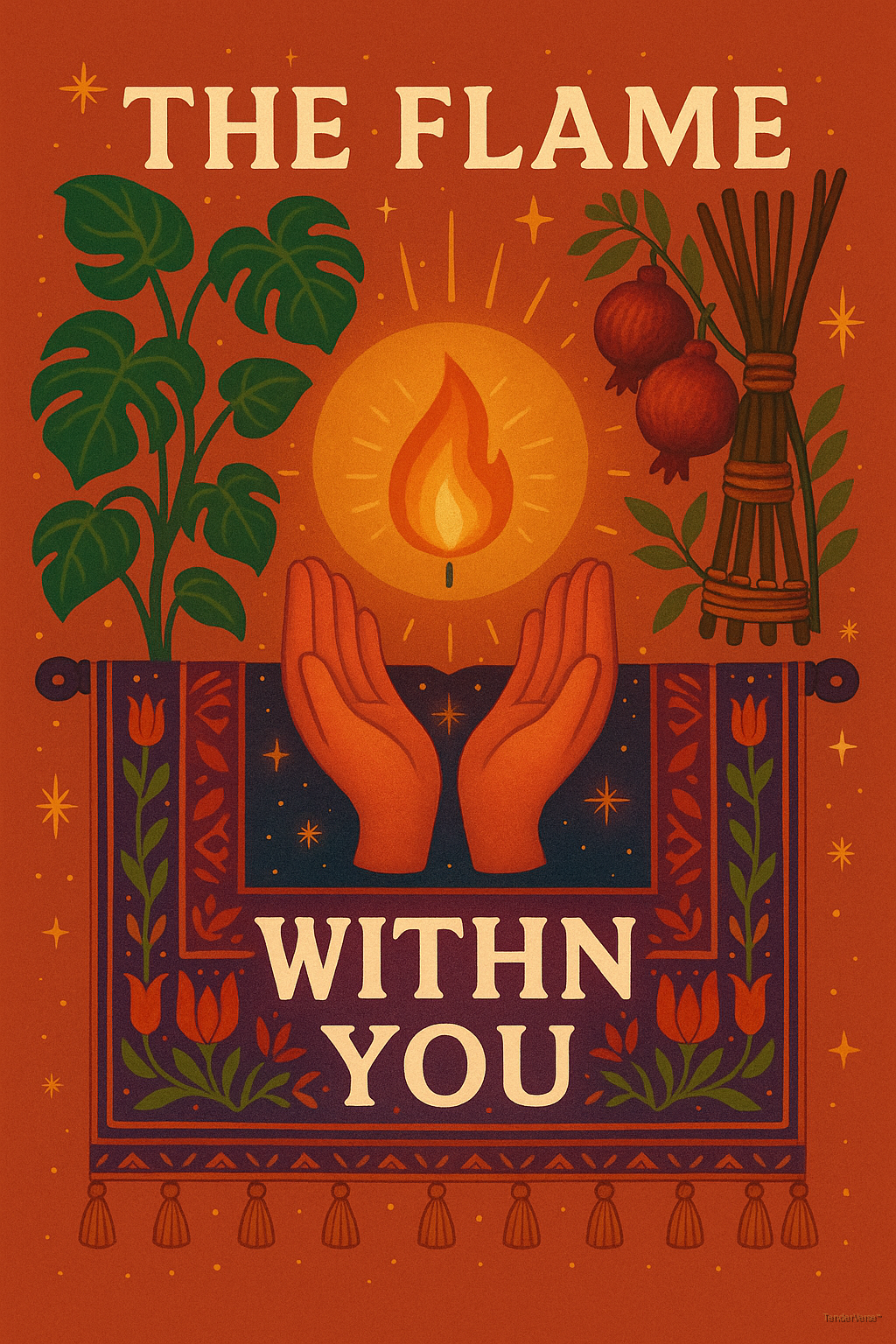 Vintage tapestry poster: hands cradling a flame, 'The Flame Within You'