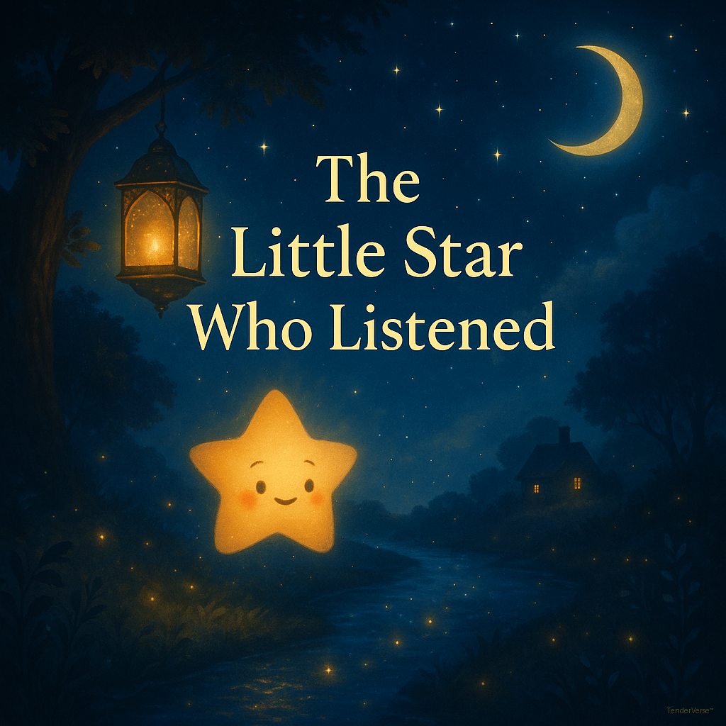 Glowing little star with a gentle smile beside a lantern under a crescent moon, with the words 'The Little Star Who Listened'