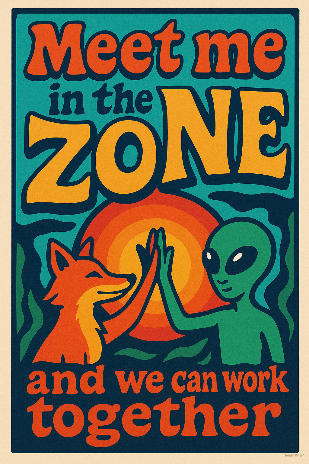 Vintage poster, fox and alien high-fiving, 'Meet me in the zone'