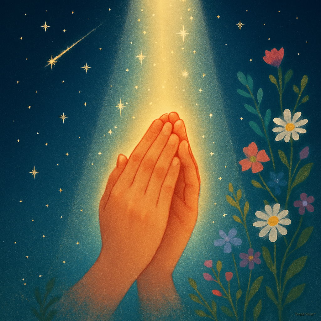 Praying hands in a beam of starlight beside wildflowers