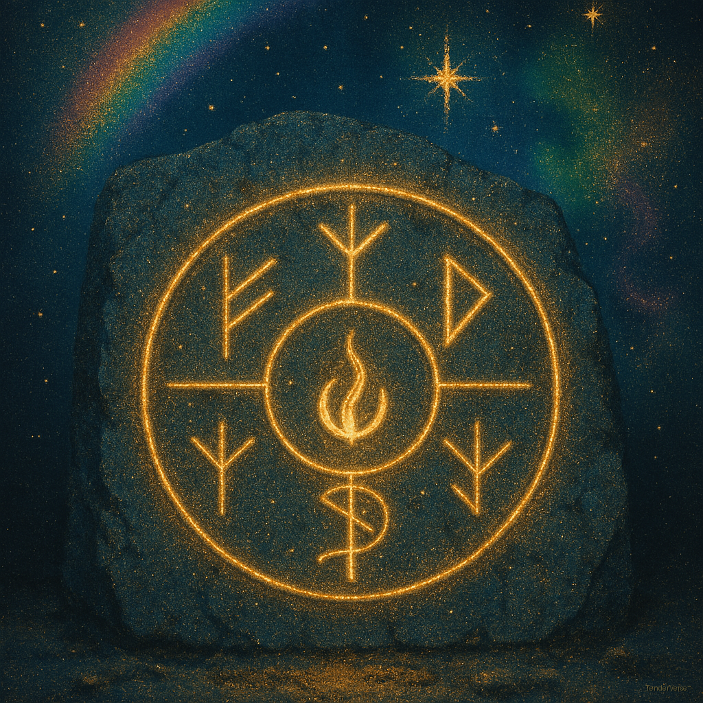 Ancient stone carved with a glowing rune circle and central flame