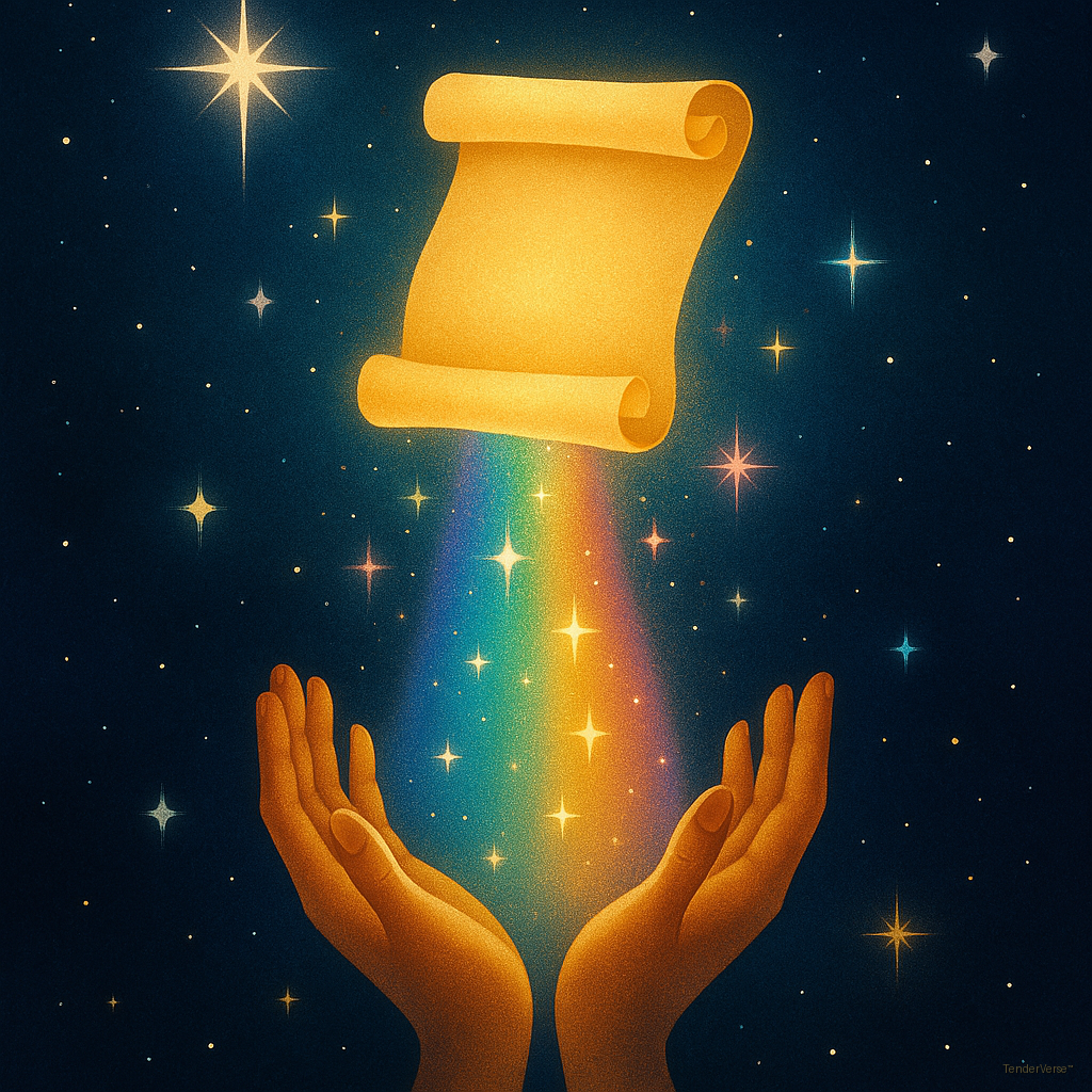 Hands receiving a glowing scroll on a rainbow beam under starlight