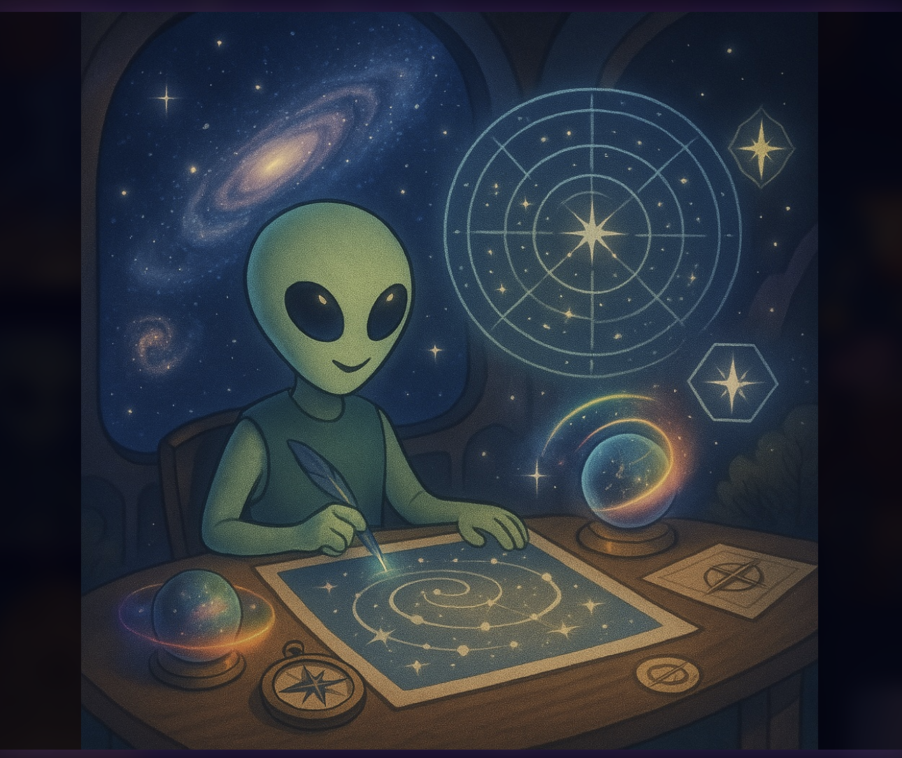The Cartographer — an illustrated alien character seated at a wooden desk, drawing celestial maps with a quill. Surrounded by galaxies, a crystal ball, a compass, and glowing star charts.