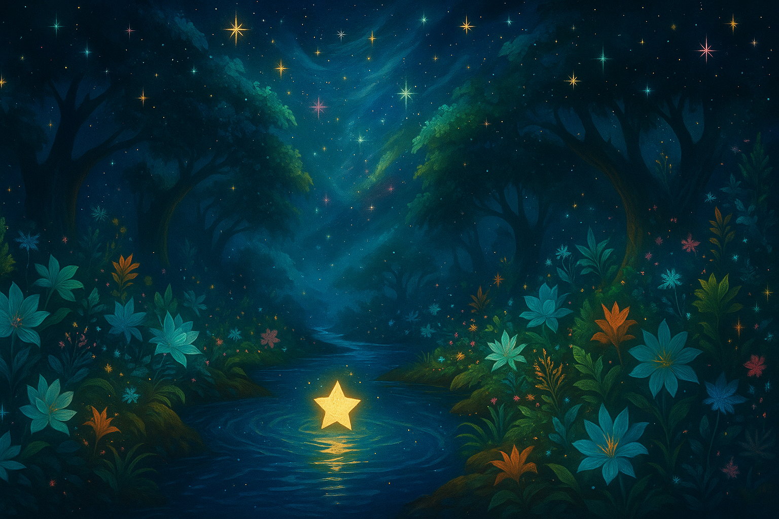 A glowing golden star resting in a moonlit forest stream, surrounded by luminous flowers and celestial sky