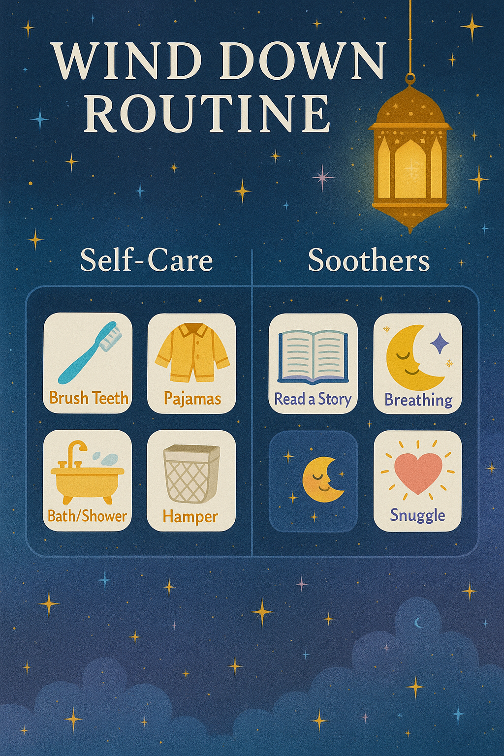 Wind Down Kit with bedtime routine poster, checklist, tracker, and weekly guide pieces