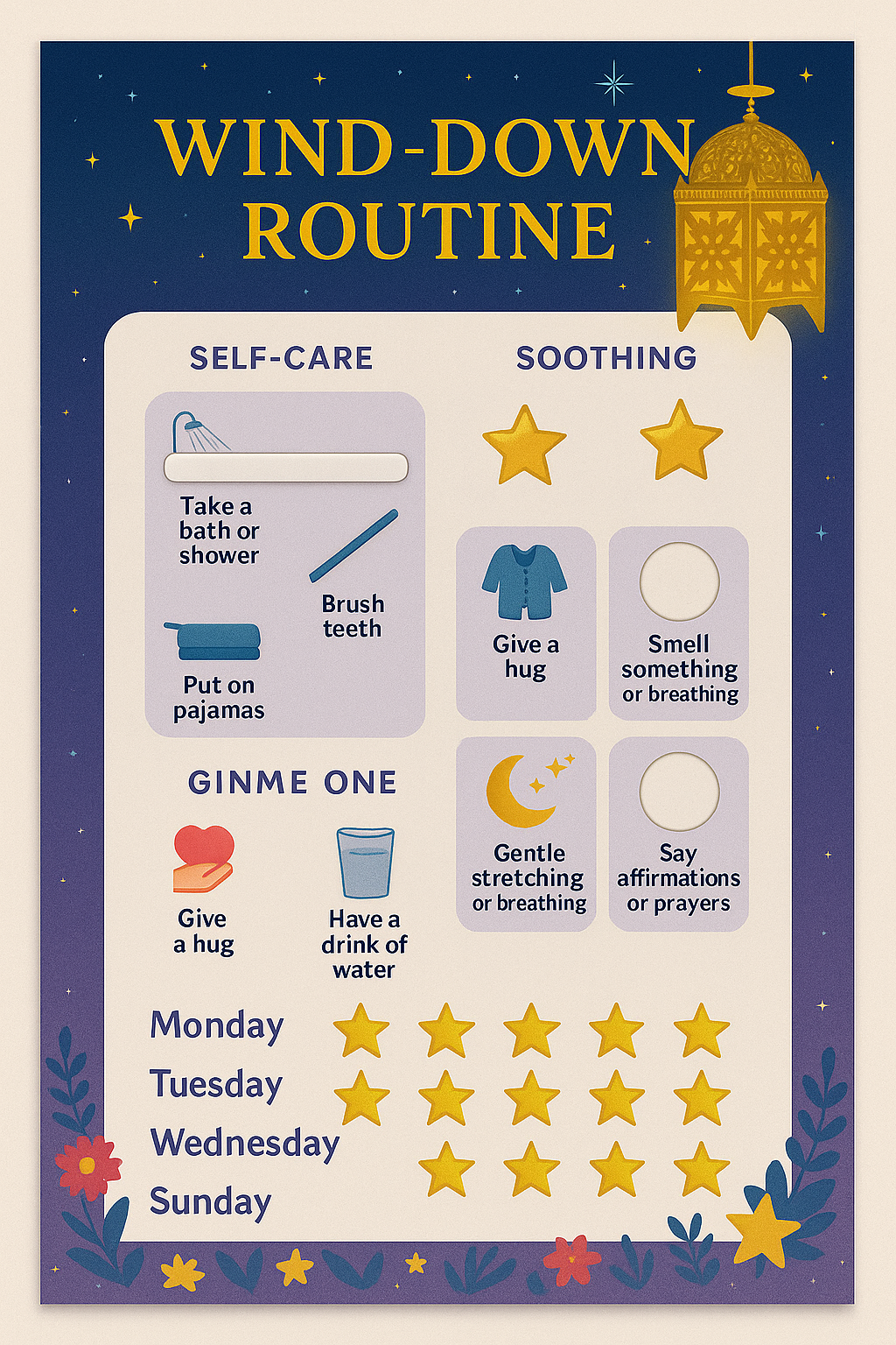 Wind Down Kit with bedtime routine poster, checklist, tracker, and weekly guide pieces